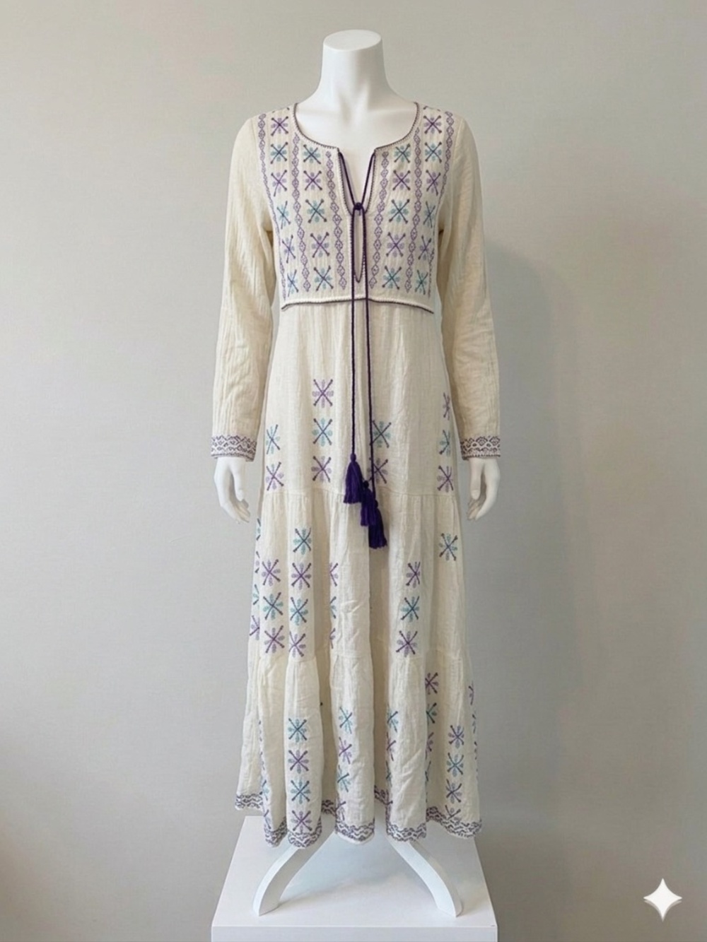 Blue Boheme Embroidered Dress Off Shoulder Natural/ Multicolor